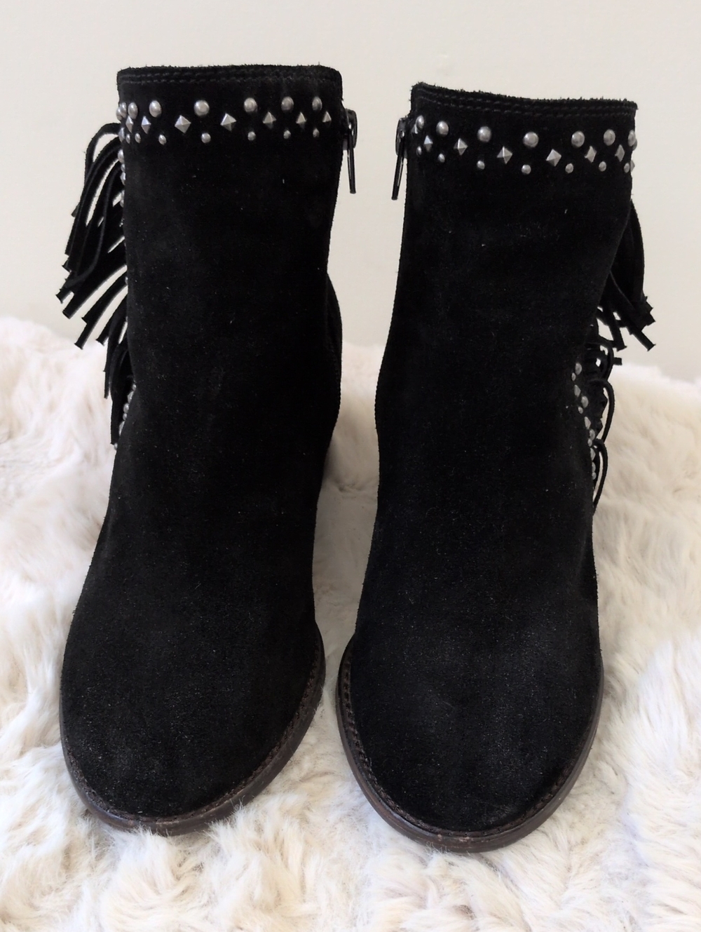 Lucky Brand Black Ankle Booties Kaarina Black Suede Fringe 8.5 M